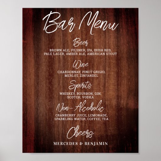 Rustic Wedding Drink Menu Gepersonaliseerde balk Poster (Voorkant)