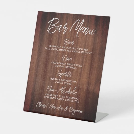 Rustic Wedding Drink Menu Gepersonaliseerde balk Reclamebord Met Voetstuk (Voorkant)