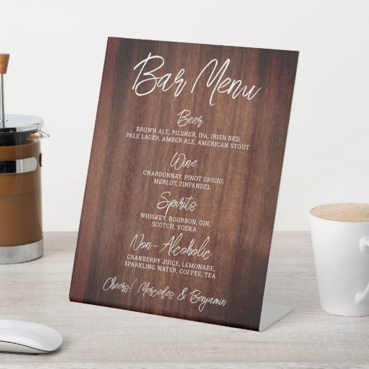 Rustic Wedding Drink Menu Gepersonaliseerde balk Reclamebord Met Voetstuk (Insitu)