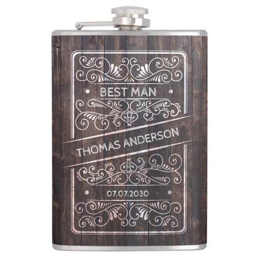Rustic Wedding Flask – Best Man Gift Heupfles (Voorkant)