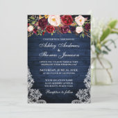Rustic Wedding Floral Blue Wood Lace Invite Kaart (Staand voorkant)