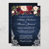Rustic Wedding Floral Blue Wood Lace Invite Kaart (Voorkant / Achterkant)