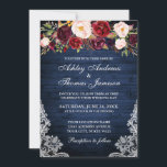 Rustic Wedding Floral Blue Wood Lace Invite Kaart<br><div class="desc">Rustic Blue Wood Waterverf Floral Wedding</div>