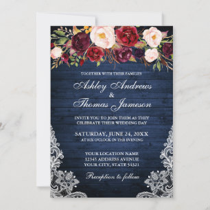 Rustic Wedding Floral Blue Wood Lace Invite Kaart
