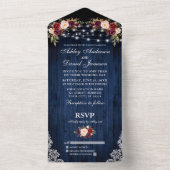 Rustic Wedding Floral Blue Wood Lace Lights All In One Uitnodiging (Binnen)