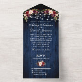 Rustic Wedding Floral Blue Wood Lichten All In One Uitnodiging (Binnen)