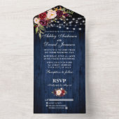 Rustic Wedding Floral Blue Wood Lichten All In One Uitnodiging (Binnen)