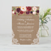 Rustic Wedding Floral Burlap Lace Invite Kaart (Staand voorkant)
