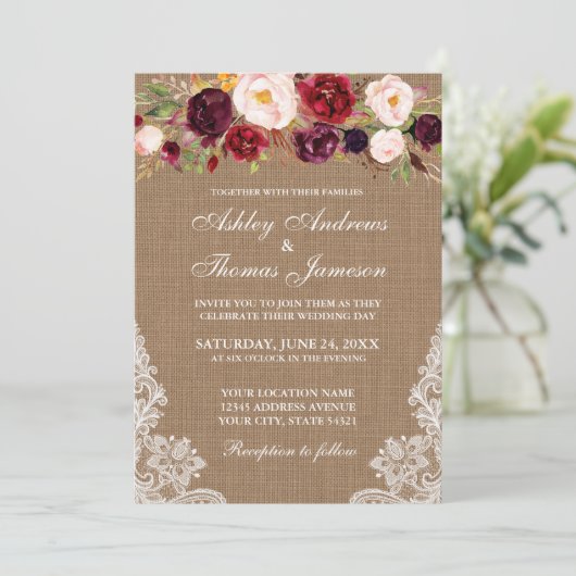 Rustic Wedding Floral Burlap Lace Invite Kaart (Staand voorkant)