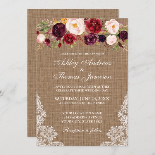Rustic Wedding Floral Burlap Lace Invite Kaart (Voorkant / Achterkant)
