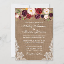 Rustic Wedding Floral Burlap Lace Invite