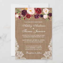 Rustic Wedding Floral Burlap Lace Invite Kaart