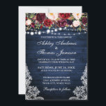 Rustic Wedding Floral Lace Blue Wood Lichten Kaart<br><div class="desc">Rustic Blue Wood Lace Lights Burgundy Waterverf Floral Wedding Invitation</div>