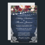 Rustic Wedding Floral Lace Blue Wood Lichten Kaart<br><div class="desc">Rustic Blue Wood Lace Lights Burgundy Waterverf Floral Wedding Invitation</div>