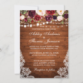 Rustic Wedding Floral Lace Wood Invite Kaart