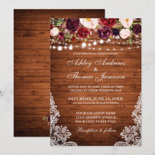Rustic Wedding Floral Lace Wood Invite Kaart (Voorkant / Achterkant)