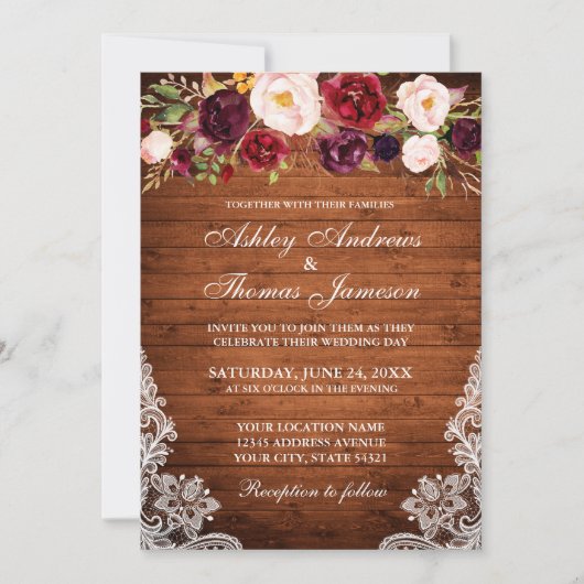 Rustic Wedding Floral Wood Lace Invite Kaart (Voorkant)
