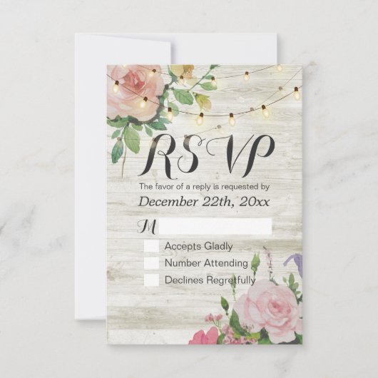 Rustic Wedding Floral Wood String Light RSVP Antwo (Voorkant)