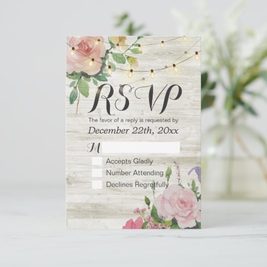 Rustic Wedding Floral Wood String Light RSVP Antwo (Staand voorkant)