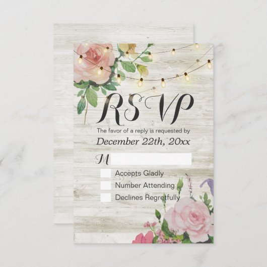 Rustic Wedding Floral Wood String Light RSVP Antwo (Voorkant / Achterkant)