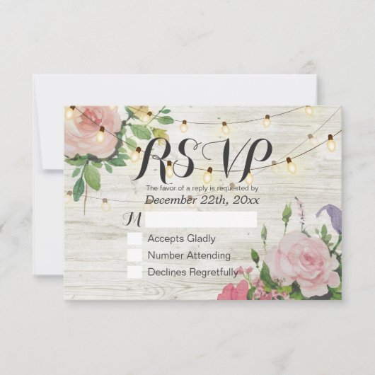 Rustic Wedding Floral Wood String Light RSVP Antwo Kaartje (Voorkant)