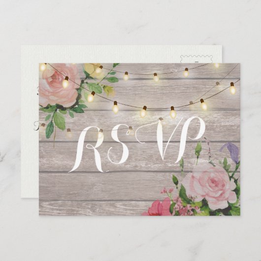 Rustic Wedding Floral Wood String Light RSVP Antwo Uitnodiging Briefkaart (Voorkant / Achterkant)