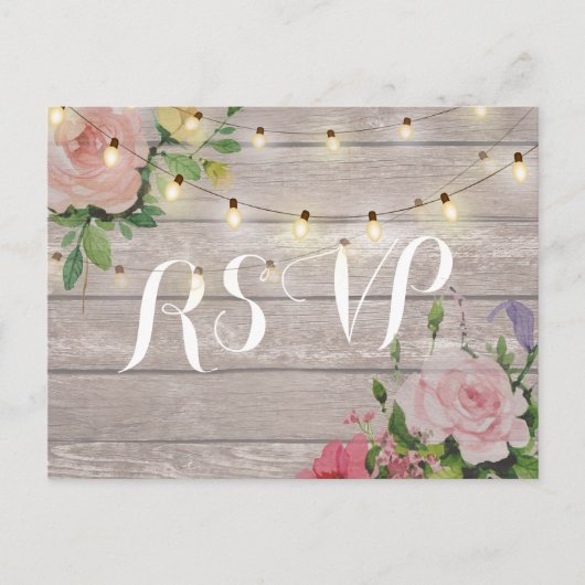 Rustic Wedding Floral Wood String Light RSVP Antwo Uitnodiging Briefkaart (Voorkant)