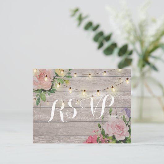 Rustic Wedding Floral Wood String Light RSVP Antwo Uitnodiging Briefkaart (Staand voorkant)