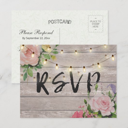 Rustic Wedding Floral Wood String Light RSVP Antwo Uitnodiging Briefkaart (Voorkant / Achterkant)