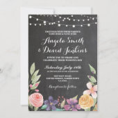 Rustic Wedding Flower Chalk String Lights Invite Kaart (Voorkant)