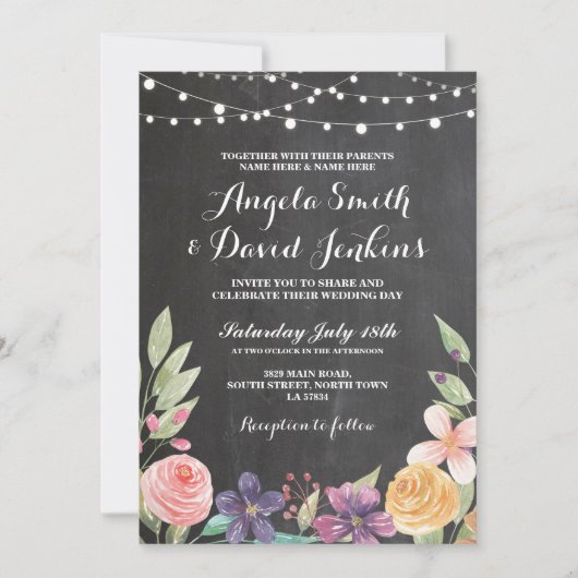 Rustic Wedding Flower Chalk String Lights Invite Kaart (Voorkant)