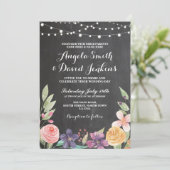 Rustic Wedding Flower Chalk String Lights Invite Kaart (Staand voorkant)