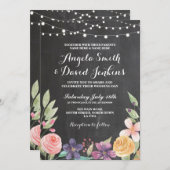 Rustic Wedding Flower Chalk String Lights Invite Kaart (Voorkant / Achterkant)