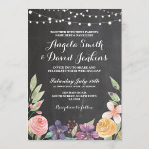 Rustic Wedding Flower Chalk String Lights Invite Kaart