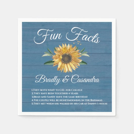 Rustic Wedding Fun Facts Sunflower Blue Wood Servet (Voorkant)