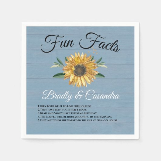 Rustic Wedding Fun Facts Sunflower Dusty Blue Wood Servet (Voorkant)