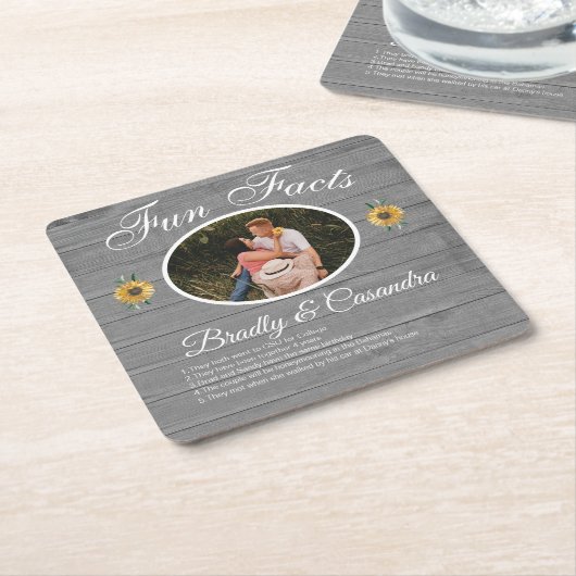 Rustic Wedding Fun Facts Sunflower Grey Wood Kartonnen Onderzetters (Schuin)