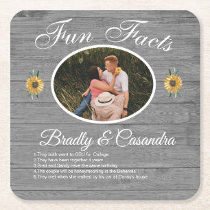 Rustic Wedding Fun Facts Sunflower Grey Wood Kartonnen Onderzetters