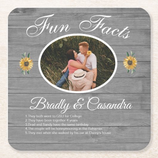 Rustic Wedding Fun Facts Sunflower Grey Wood Kartonnen Onderzetters (Voorkant)