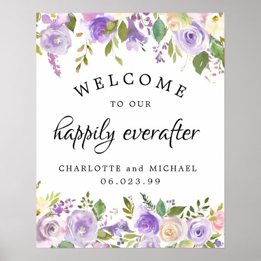 Rustic Wedding Gelukkig Everafter Paarse Floral Poster (Voorkant)