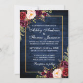 Rustic Wedding Gold Burgundy Floral Blue Wood Kaart (Voorkant)