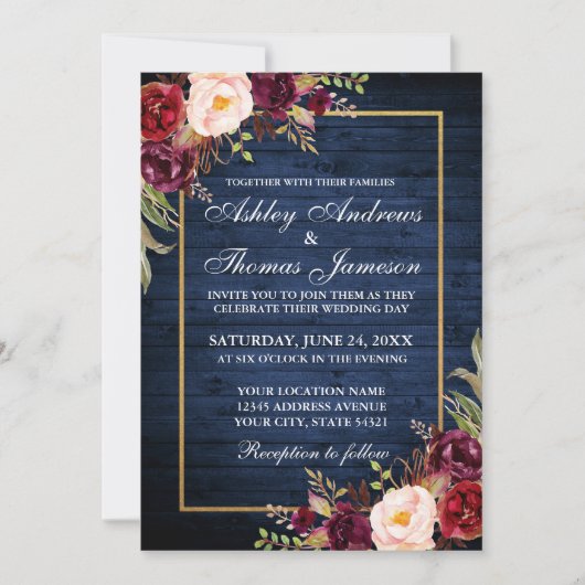 Rustic Wedding Gold Burgundy Floral Blue Wood Kaart (Voorkant)