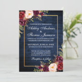 Rustic Wedding Gold Burgundy Floral Blue Wood Kaart (Staand voorkant)