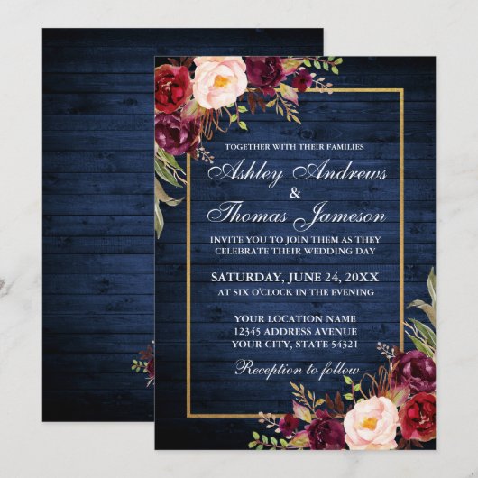 Rustic Wedding Gold Burgundy Floral Blue Wood Kaart (Voorkant / Achterkant)