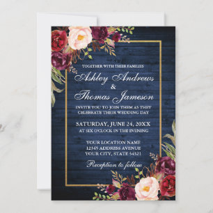 Rustic Wedding Gold Burgundy Floral Blue Wood Kaart