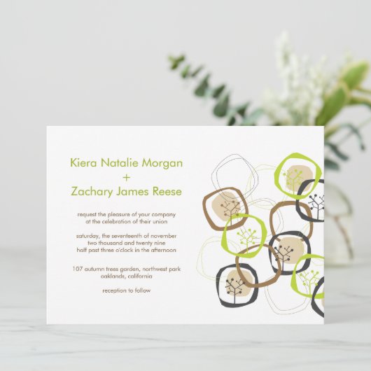 Rustic Wedding Groen en Bruin Bosbomen Kaart (Staand voorkant)
