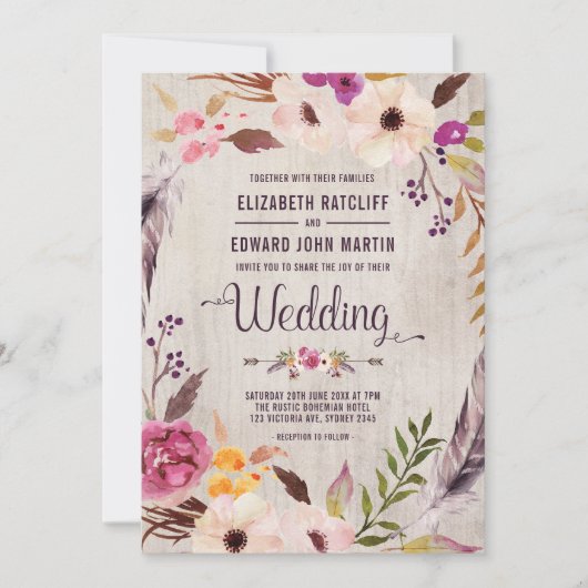 Rustic Wedding Invitation Boho Floral Wood Invite Kaart (Voorkant)