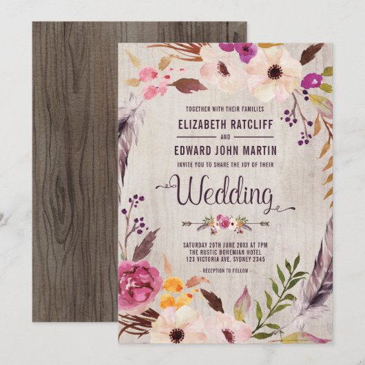 Rustic Wedding Invitation Boho Floral Wood Invite Kaart (Voorkant / Achterkant)
