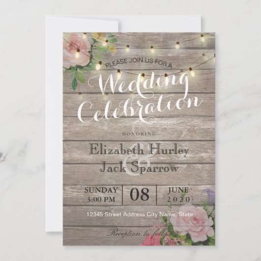 Rustic Wedding Invitation Floral Wood String Light Kaart (Voorkant)