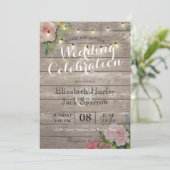 Rustic Wedding Invitation Floral Wood String Light Kaart (Staand voorkant)